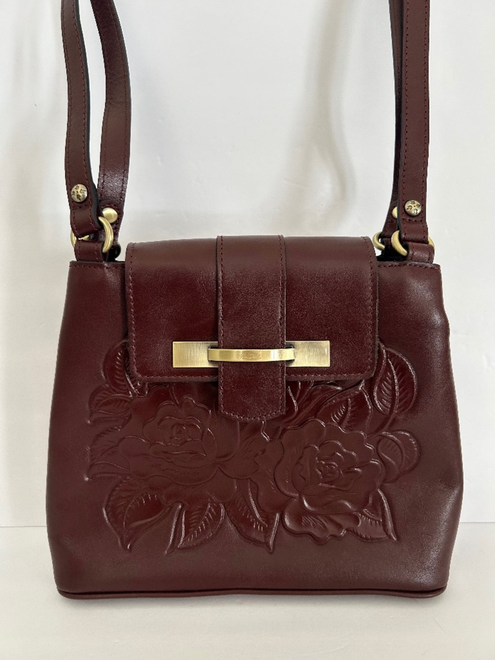 Patricia Nash Larone Rose Tooled/Etched Shoulder Bag in a Rich Dark Brown